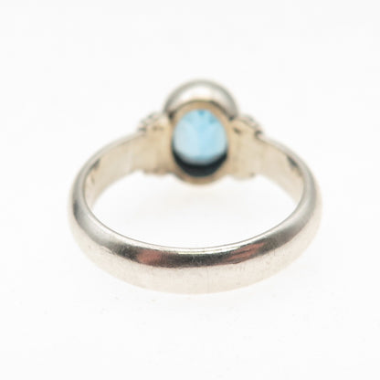 925 Sterling Silver Vintage Real Blue Topaz Modernist Oxidized Ring Size 5.75