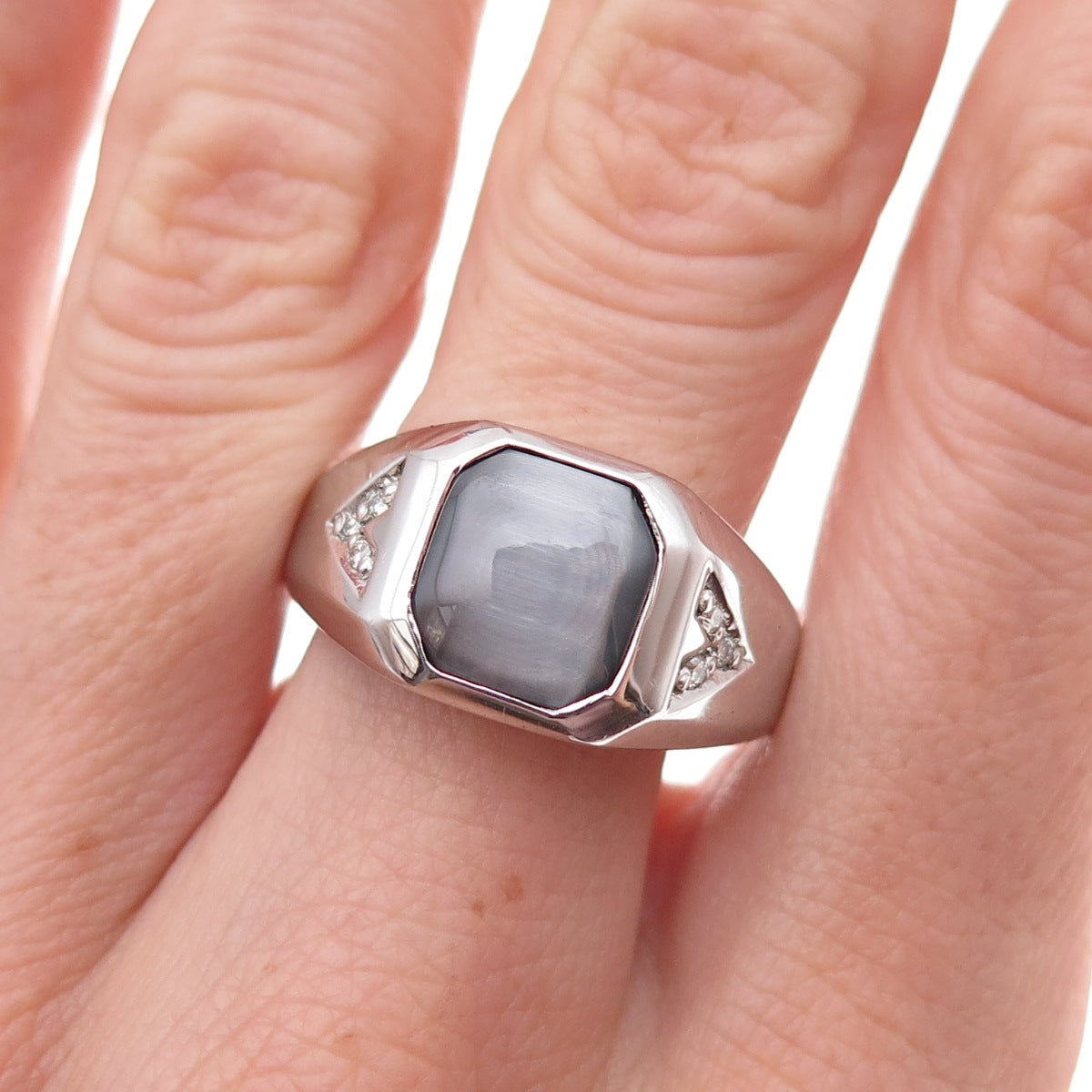 Dason 925 Sterling Silver Real Round-Cut Diamond & Cat's Eye Ring Size 11