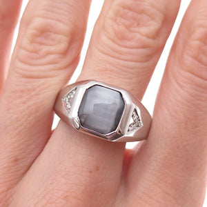 Dason 925 Sterling Silver Real Round-Cut Diamond & Cat's Eye Ring Size 11