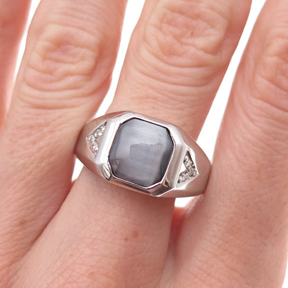 Dason 925 Sterling Silver Real Round-Cut Diamond & Cat's Eye Ring Size 11