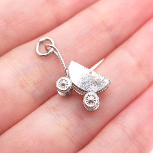 925 Sterling Silver Antique Art Deco Baby Stroller Minimalist 3D Charm Pendant