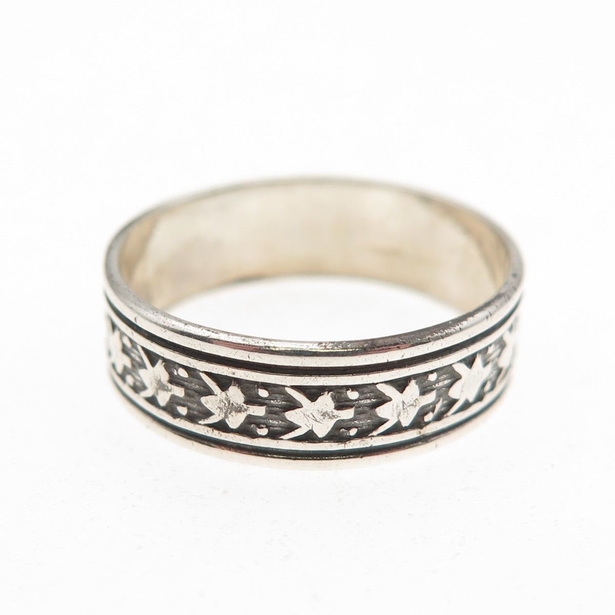 Uncas 925 Sterling Silver Antique Art Deco Floral Oxidized Band Ring Size 7