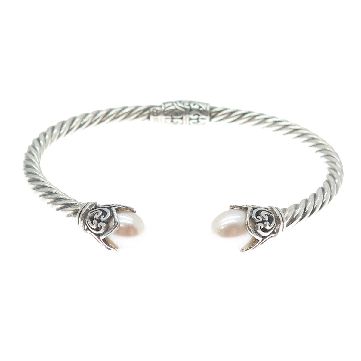 925 Sterling Silver Vintage Real Pearl Floral Oxidized Cuff Bracelet 6.25"