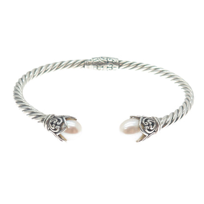 925 Sterling Silver Vintage Real Pearl Floral Oxidized Cuff Bracelet 6.25"