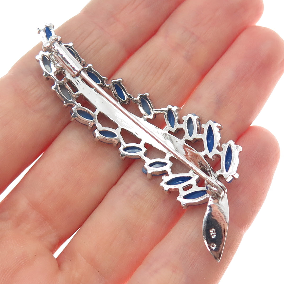925 Sterling Silver Vintage Faux Cat's Eye & Diamond-Illusion Laurel Leaf Brooch