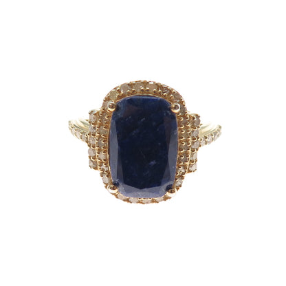 DSMK 925 Sterling Silver Gold Plated Real Diamond & Sapphire Ring Size 5.25