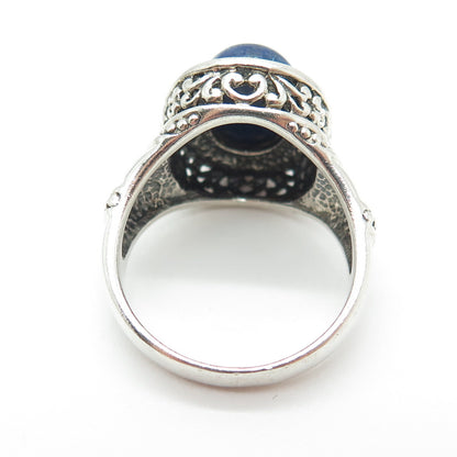 925 Sterling Silver Vintage Real Lapis Granulated Oxidized Ring Size 10.25