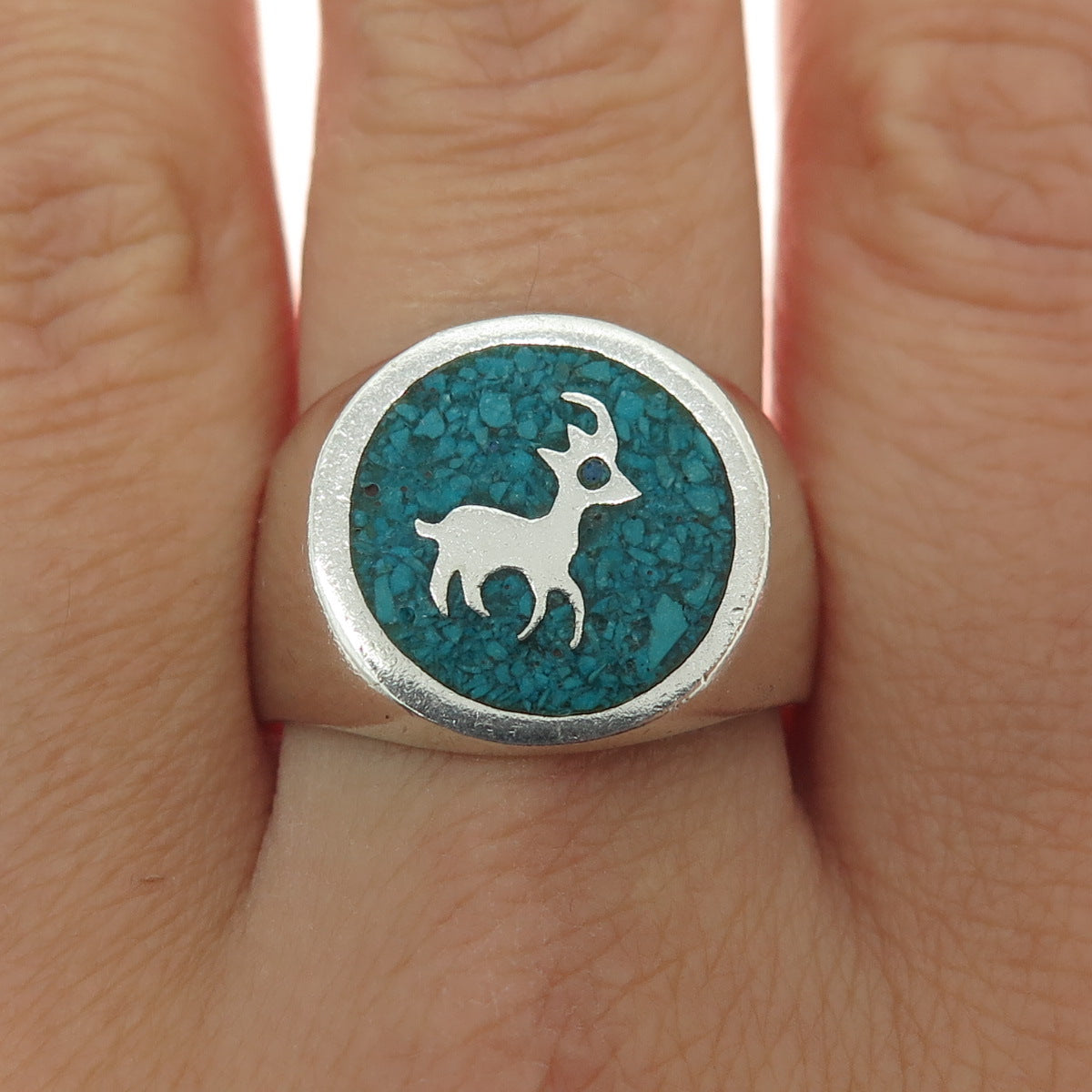 925 Sterling Silver Vintage Mexico Real Turquoise Inlay Goat Ring Size 10.75