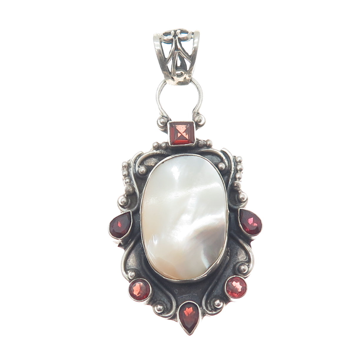 925 Sterling Silver Vintage Real Mother-of-Pearl & Red Garnet Oxidized Pendant