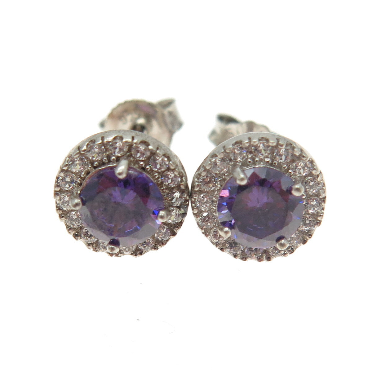 925 Sterling Silver Round-Cut Purple & White C Z Stud Earrings