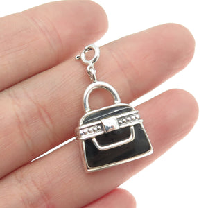 925 Sterling Silver Vintage Black Enamel Lady’s Bag / Purse Charm Pendant