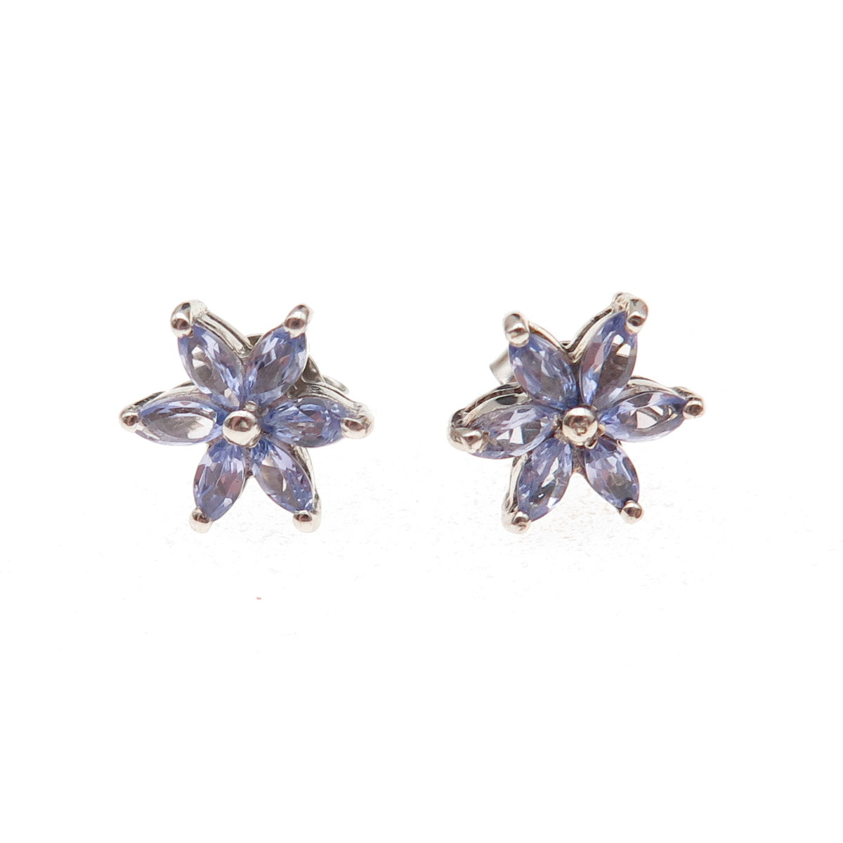 Chuck Clemency Sterling Silver Real Marquise-Cut Tanzanite Floral Stud Earrings