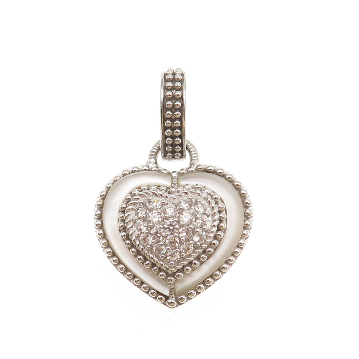 Judith Ripka 925 Sterling Silver Real MOP & Round-Cut C Z Heart Charm Pendant