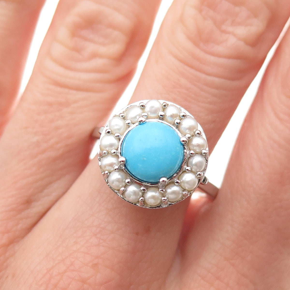 925 Sterling Silver Real Sleeping Beauty Turquoise & Pearl Ring Size 8.25