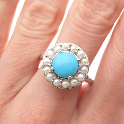 925 Sterling Silver Real Sleeping Beauty Turquoise & Pearl Ring Size 8.25