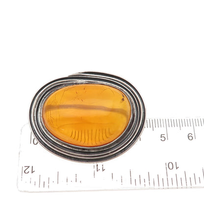 835 Silver Vintage Czechia Real Amber Modernist Oxidized Pin Brooch