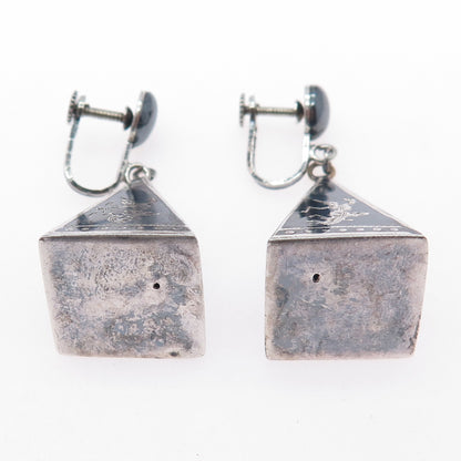 925 Sterling Silver Antique Siam Niello Hindu Goddess Screw Back Dangle Earrings