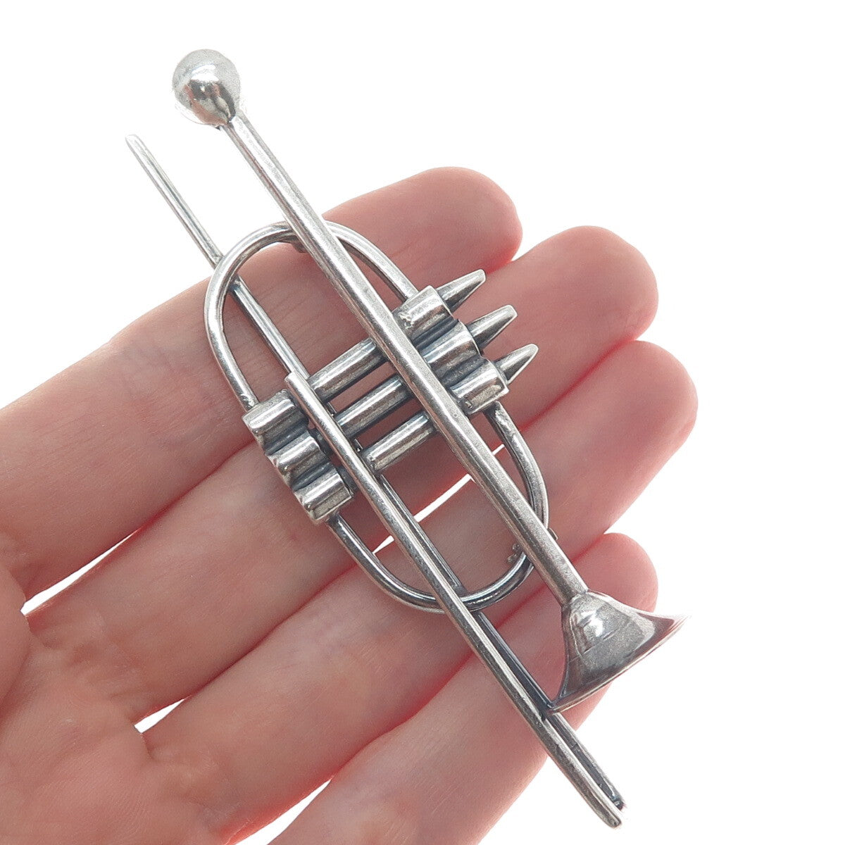925 Sterling Silver Vintage Trombone Music Instrument Oxidized Pin Brooch