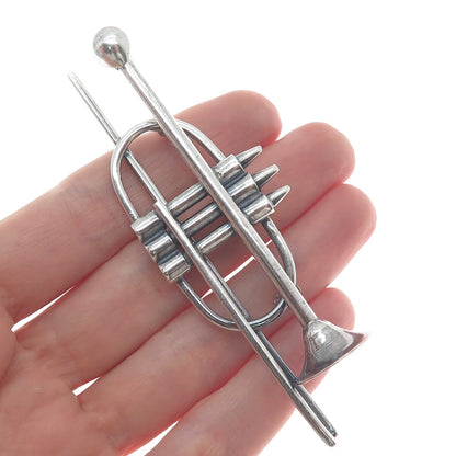 925 Sterling Silver Vintage Trombone Music Instrument Oxidized Pin Brooch