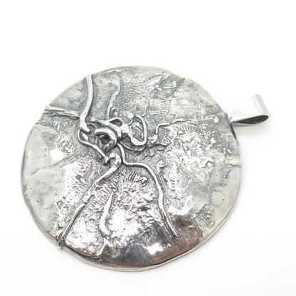 925 Sterling Silver Vintage Brutalist Modernist Large Round Pendant