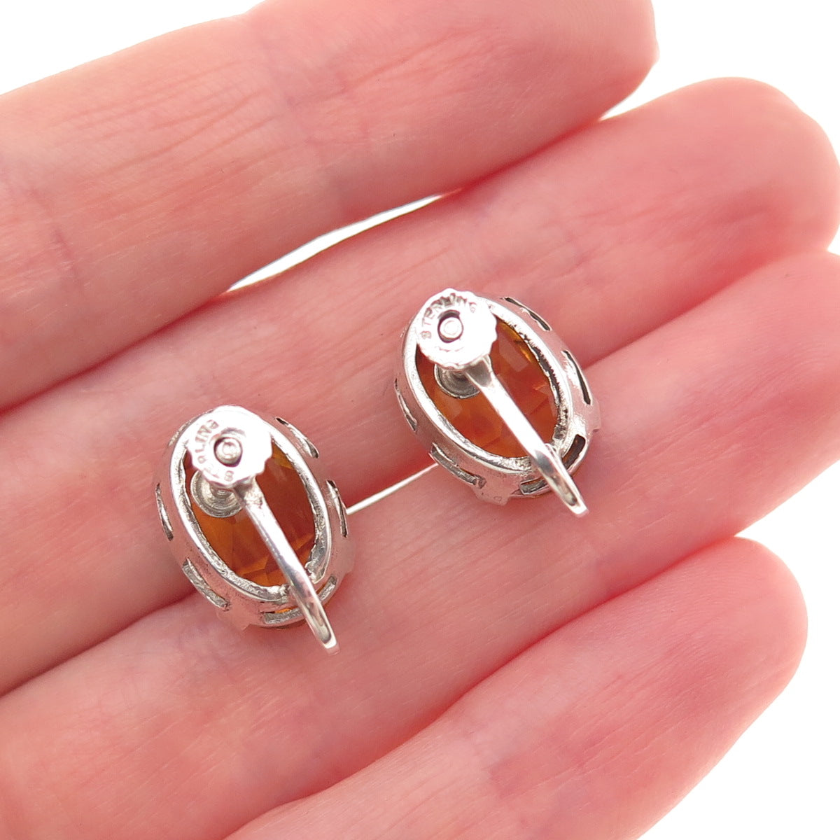 925 Sterling Silver Vintage Real Oval-Cut Citrine Screw Back Earrings