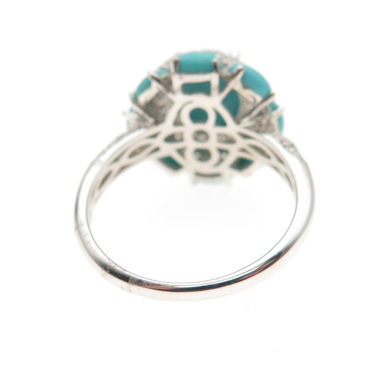 925 Sterling Silver Real Tyrone Turquoise & White Topaz Floral Ring Size 8.25