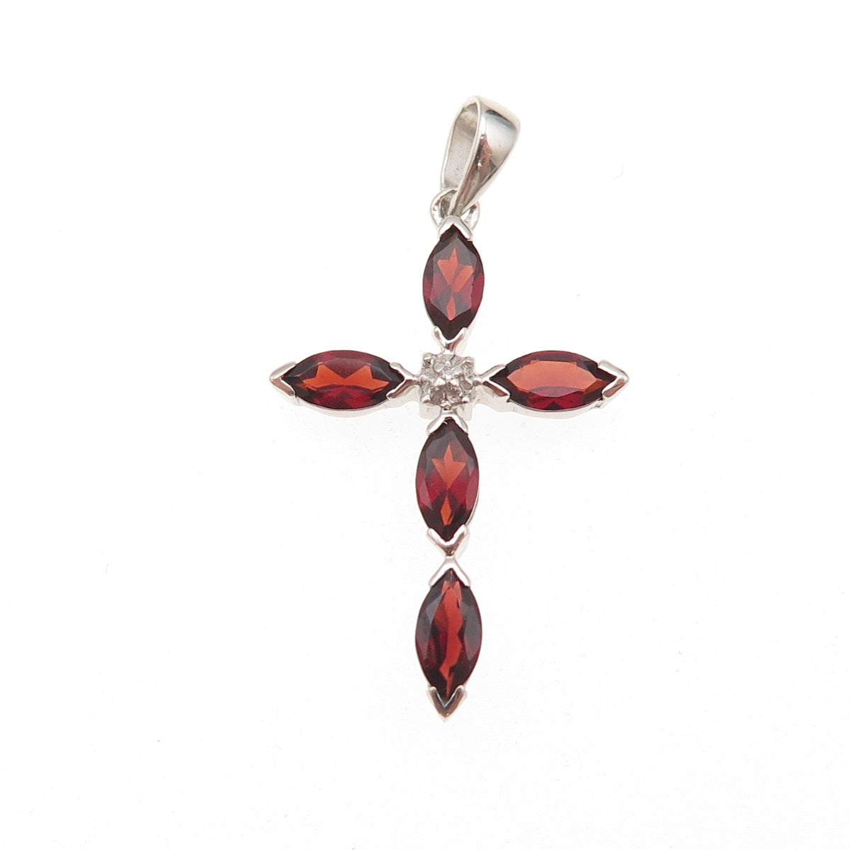 925 Sterling Silver Real Diamond Accent & Red Garnet Cross Charm Pendant