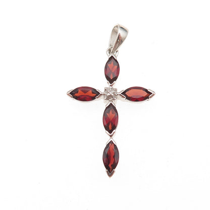 925 Sterling Silver Real Diamond Accent & Red Garnet Cross Charm Pendant