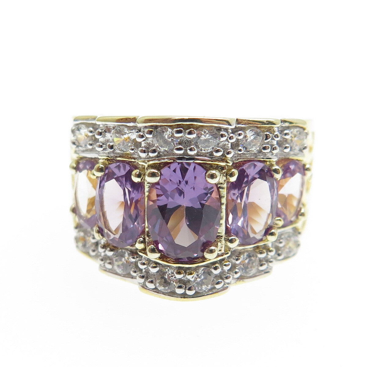 DSMK 925 Sterling Silver Gold Plated Real Purple Sapphire & C Z Ring Size 5