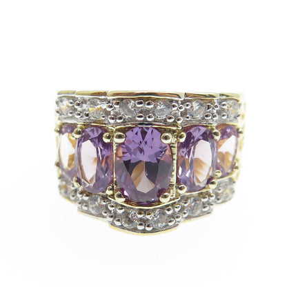 DSMK 925 Sterling Silver Gold Plated Real Purple Sapphire & C Z Ring Size 5