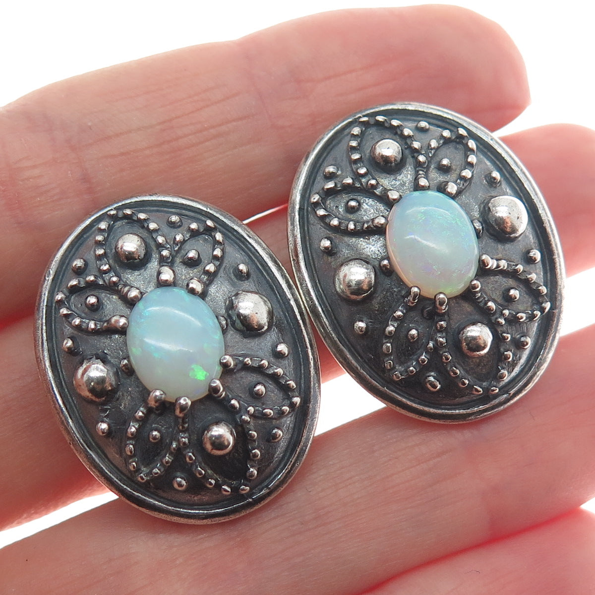 925 Sterling Silver Vintage Real Opal Granulated Oxidized Clip On Earrings