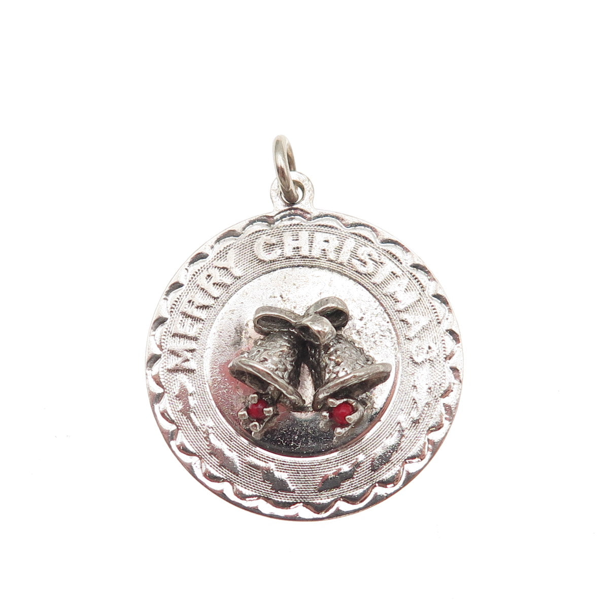 ELCO 925 Sterling Silver Vintage Rhinestone Engraved Merry Christmas Pendant