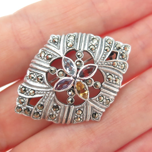 925 Sterling Silver Vintage Topaz Amethyst Citrine Garnet & Marcasite Pin Brooch