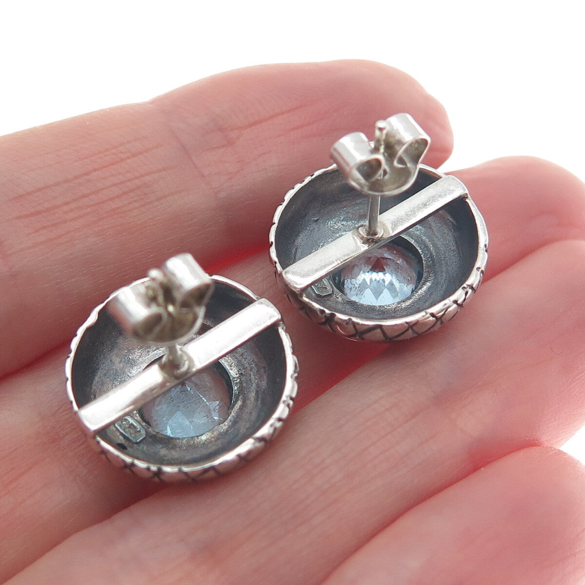 925 Sterling Silver Vintage Blue Topaz Gem Modernist Woven Pattern Dome Earrings