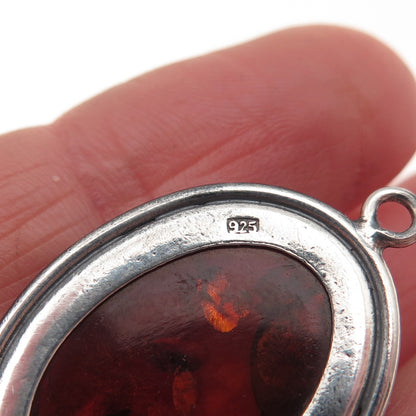 925 Sterling Silver Vintage Real Amber Modernist Filigree Floral Charm Pendant