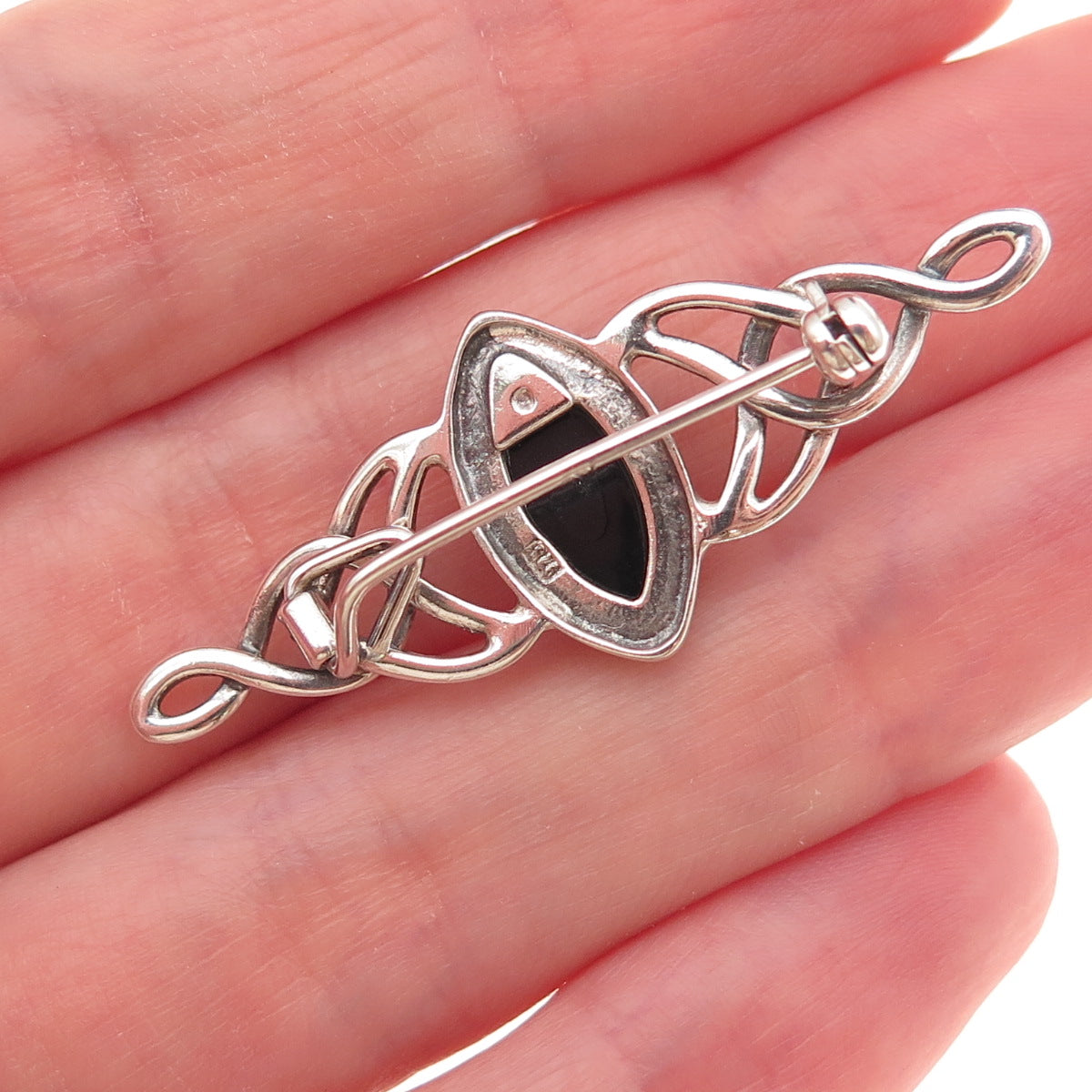 925 Sterling Silver Vintage Real Amber Celtic Knot Oxidized Pin Brooch