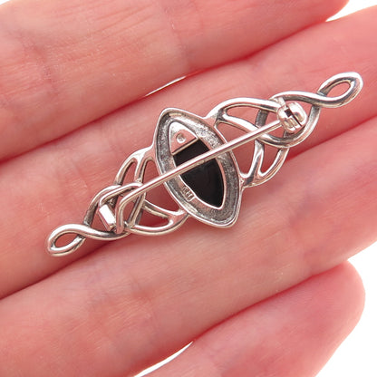 925 Sterling Silver Vintage Real Amber Celtic Knot Oxidized Pin Brooch