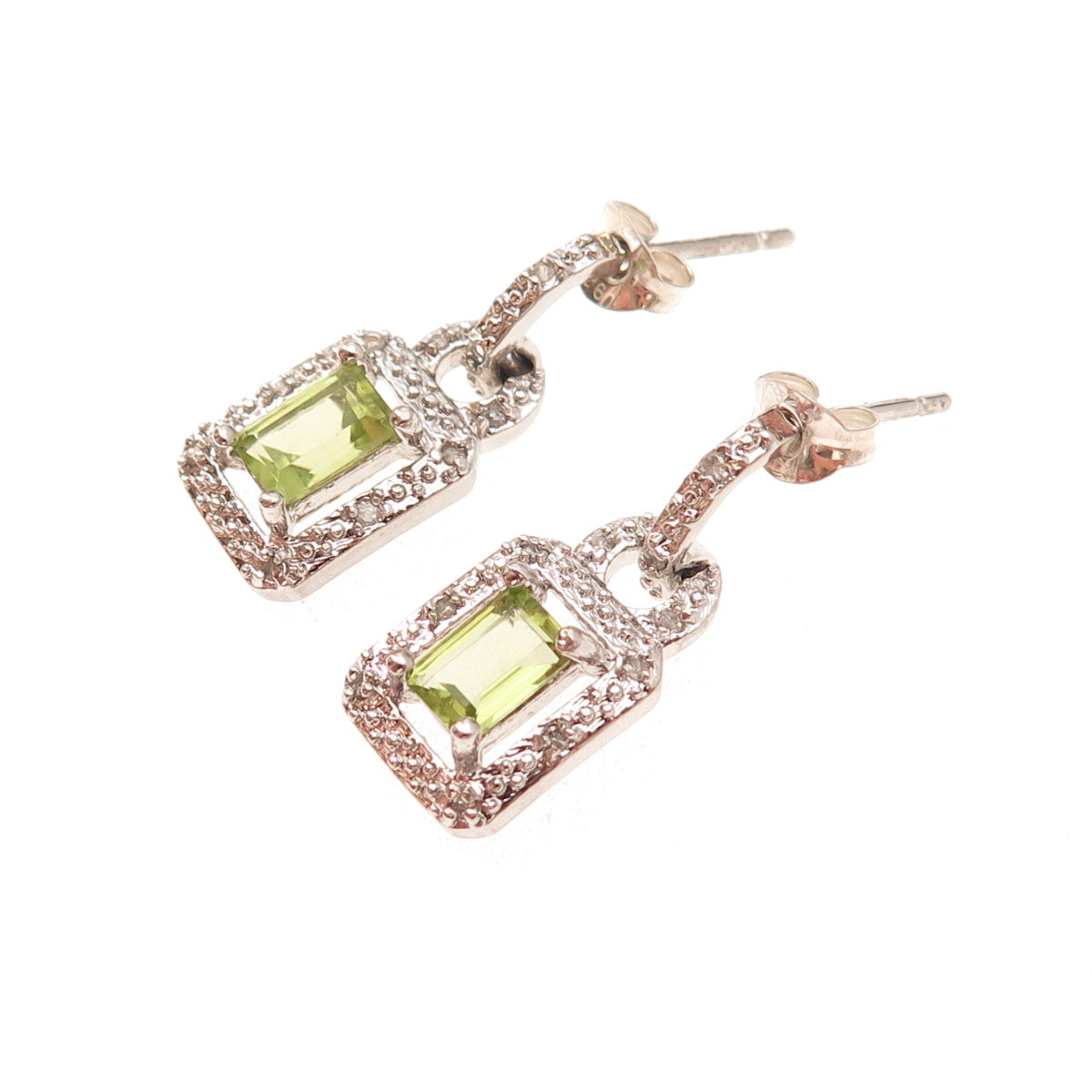 Charles Winston 925 Sterling Silver Real Diamond & Peridot Dangle Earrings