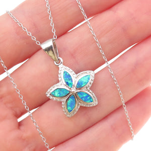 925 Sterling Silver Real Opal Floral Cable Chain Necklace 18"