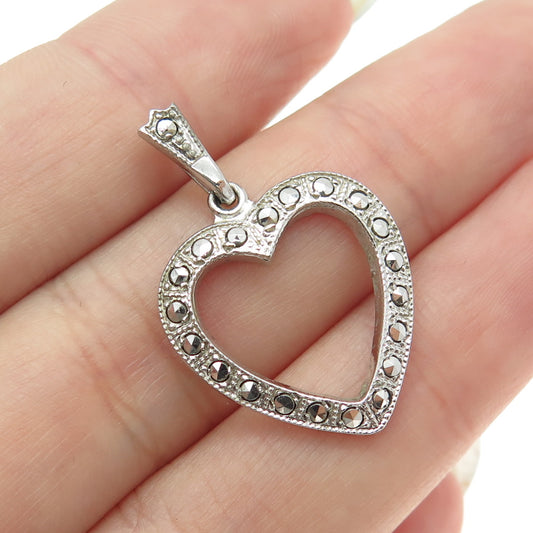 THEDA 925 Sterling Silver Vintage Real Marcasite Gemstone Open Heart Pendant