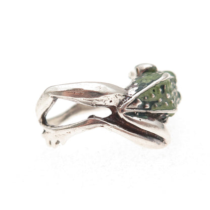 925 Sterling Silver Vintage Enamel Frog Good Luck Oxidized Ring Size 6
