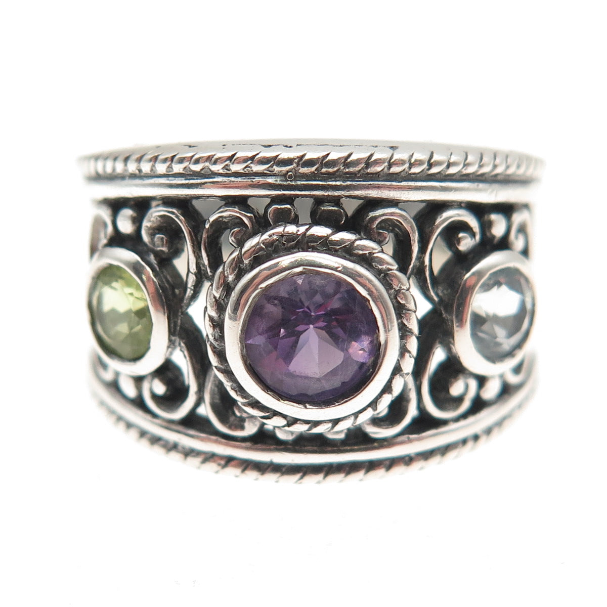 Pranda Sterling Silver Vintage Real Amethyst Peridot & Blue Topaz Ring Size 7.25