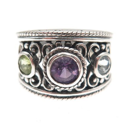 Pranda Sterling Silver Vintage Real Amethyst Peridot & Blue Topaz Ring Size 7.25