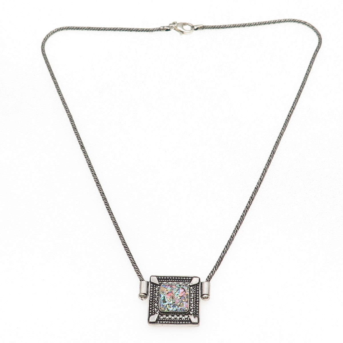 925 Sterling Silver Vintage Roman Glass Oxidized Chain Necklace 18"
