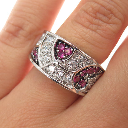 925 Sterling Silver Round-Cut Lab-Created Ruby & C Z Ring Size 6.5