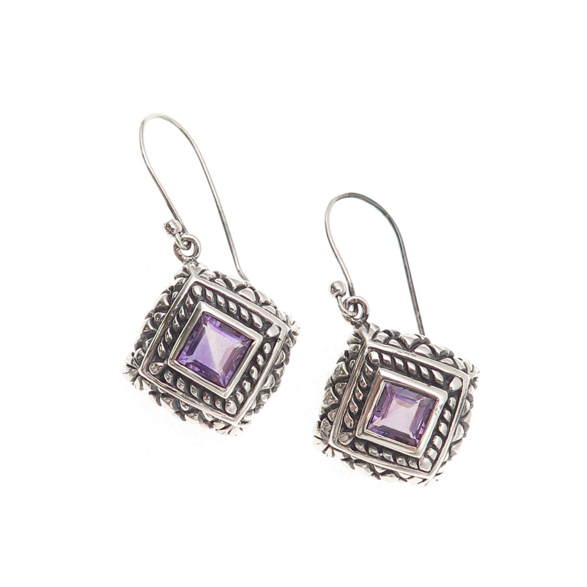 925 Sterling Silver Vintage Real Amethyst Oxidized Dangle Earrings