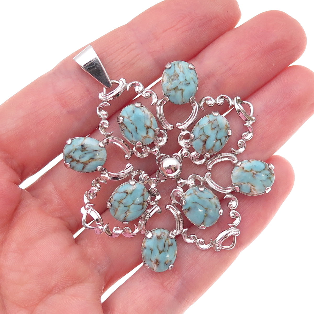 Van Dell 925 Sterling Silver Antique Art Deco Faux Turquoise Floral Pendant