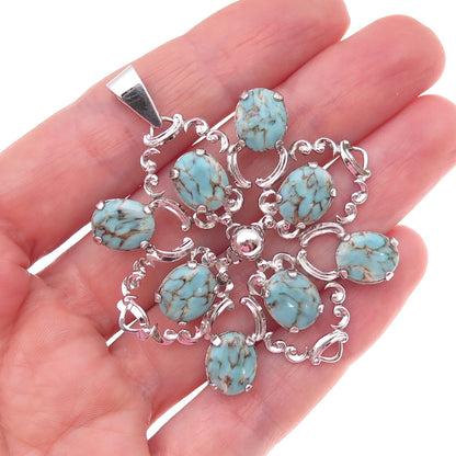 Van Dell 925 Sterling Silver Antique Art Deco Faux Turquoise Floral Pendant