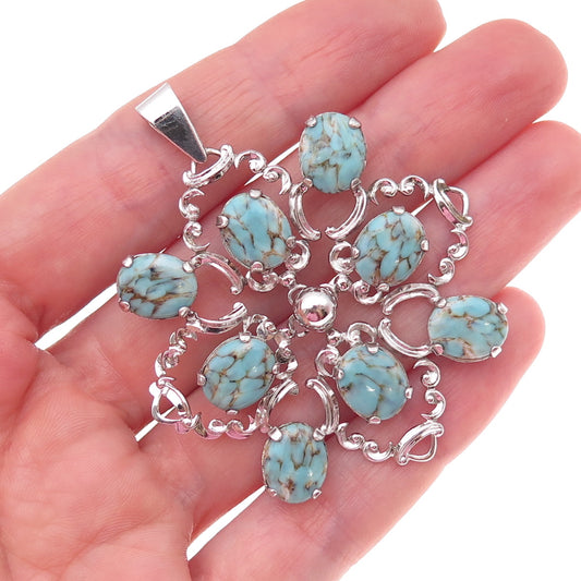 Van Dell 925 Sterling Silver Antique Art Deco Faux Turquoise Floral Pendant