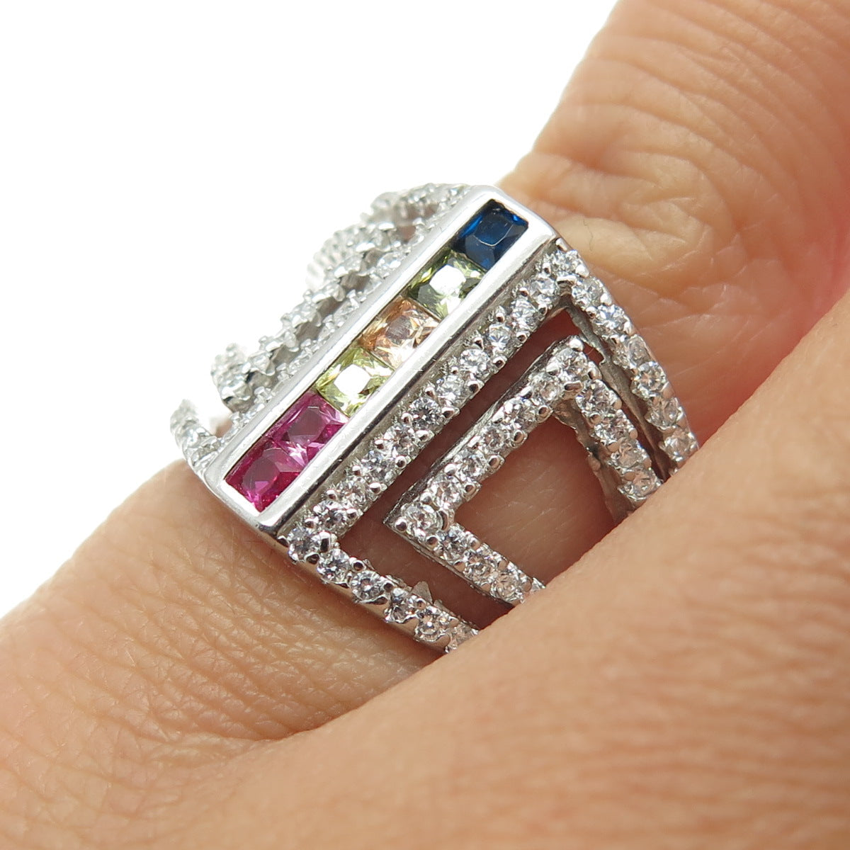 925 Sterling Silver Round & Princess-Cut Multi-Color C Z Ring Size 5